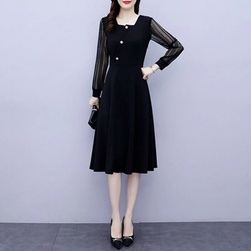 NiDELL Slimming Patchwork Dress for Women . New Spring and Autumn New Early Autumn Elegant Fashion Long Sleeve plus Size Mid-Length Dress