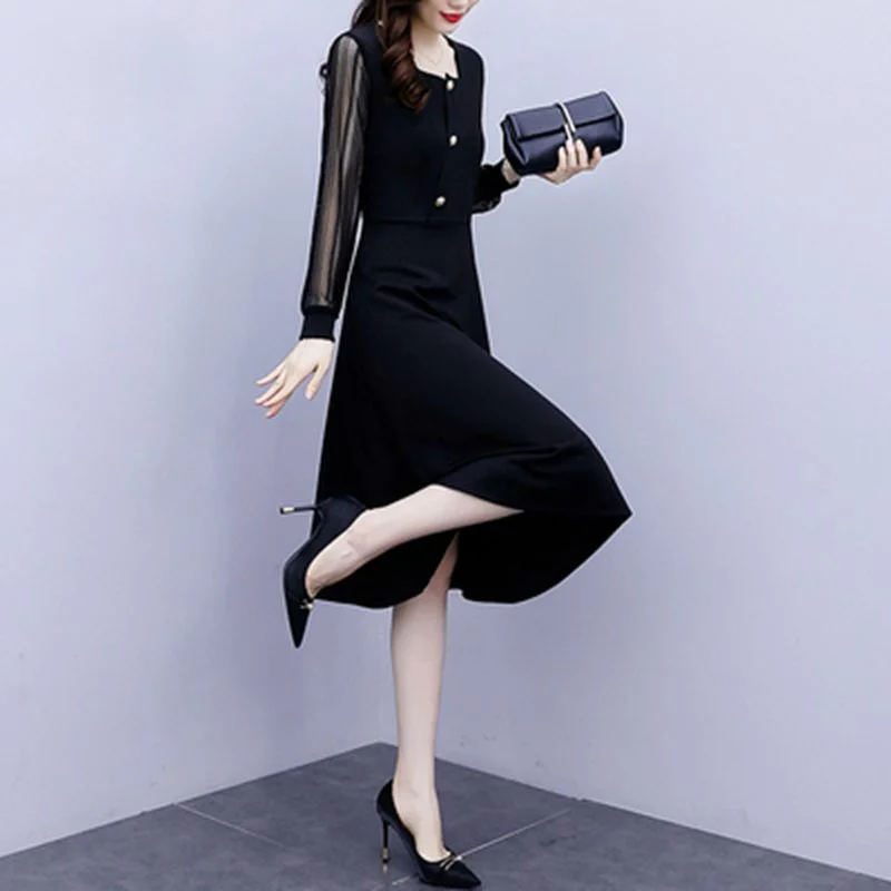 NiDELL Slimming Patchwork Dress for Women . New Spring and Autumn New Early Autumn Elegant Fashion Long Sleeve plus Size Mid-Length Dress