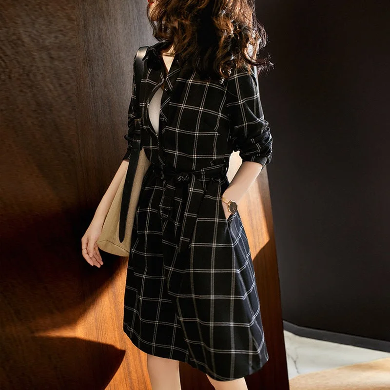 NiDELL . Spring and Autumn New French Style Plaid Shirtdress Design Tight Waist Slimming Temperament Goddess Style Dress