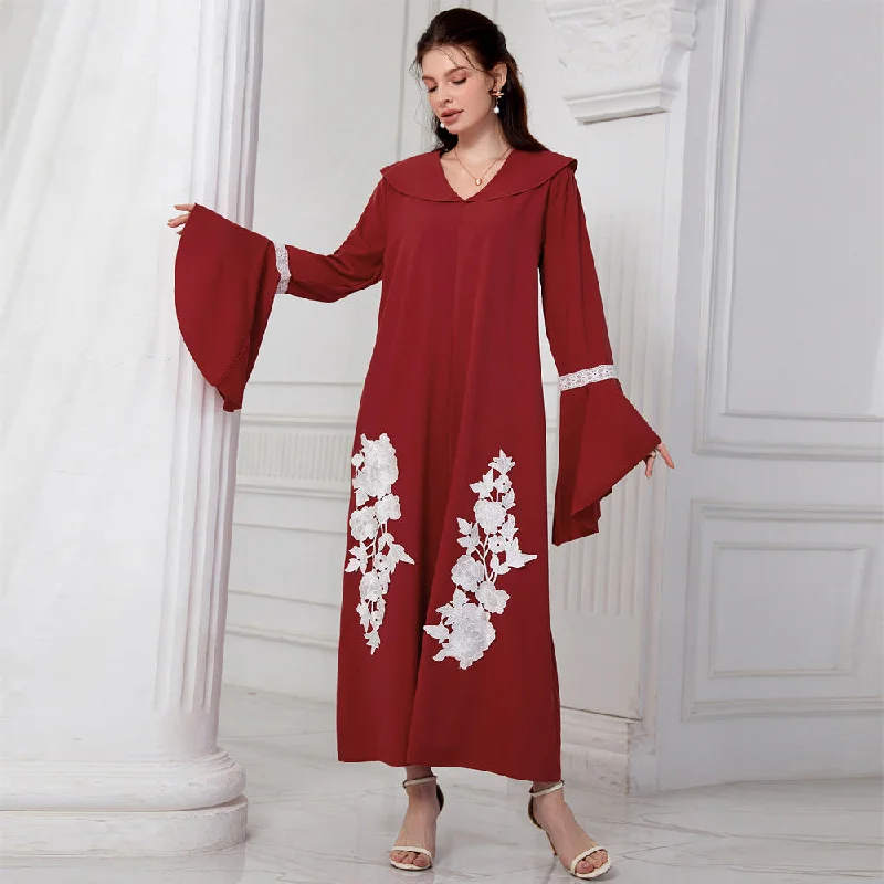 NiDELL ZTY-21432 Middle East Dubai Arab Muslim Fashion . New Flip V-neck Flared Sleeves Embroidered Robe