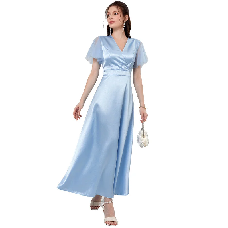 NiDELL Zty-21543 European and American Women's Clothing . Summer New Satin Satin Satin V-neck Mesh Stitching Sleeves a Dress in Stock