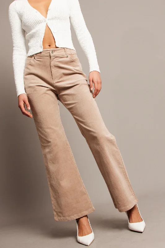 Beige Wide Leg Pants High Rise Corduroy