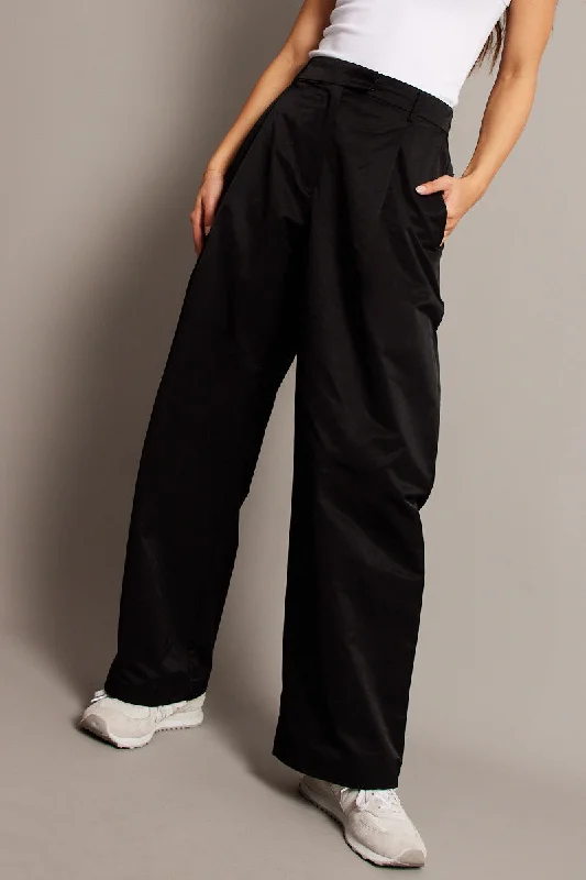 Black Wide Leg Pants Pleated Front