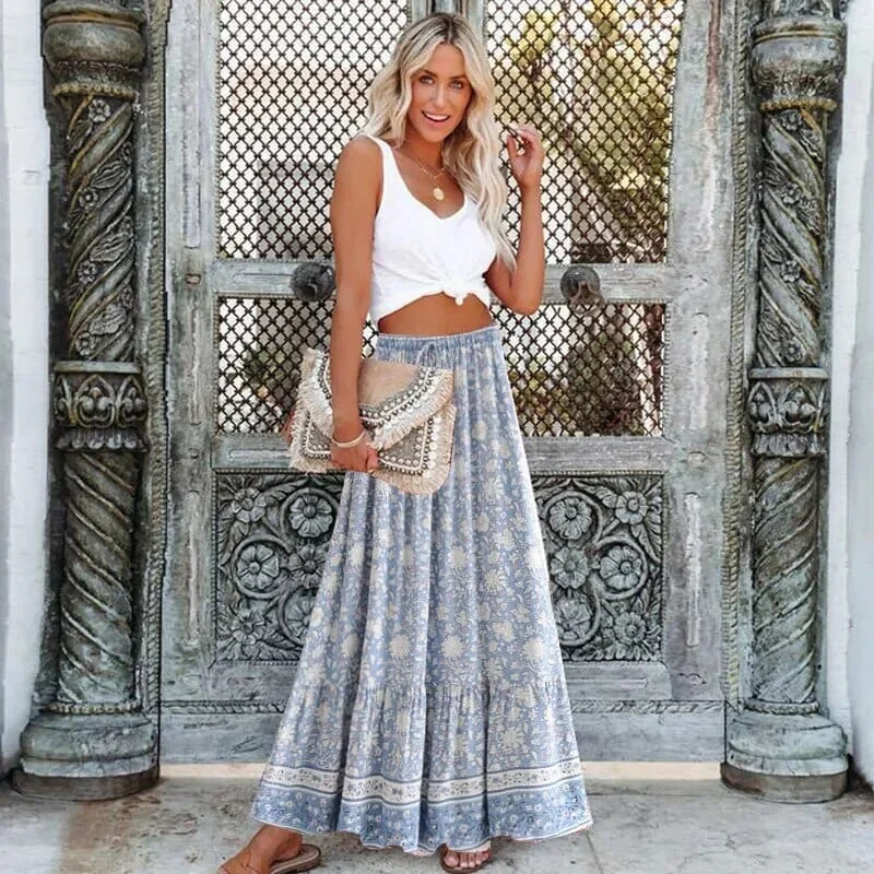 Boho Floral Print Maxi Skirt