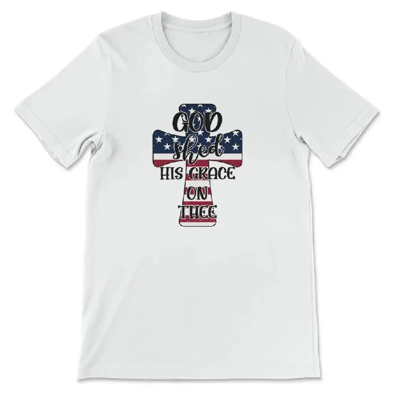 Women’s Christian t-shirt: Cross American flag God shed his grace on thee