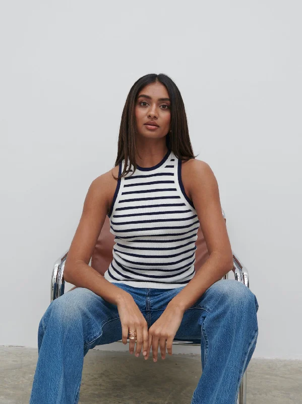 Ferne Stripe Knit Racer Top - Navy and Cream Stripe