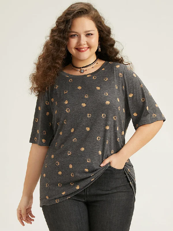 Halloween Glitter Pumpkin Print Crew Neck T-shirt