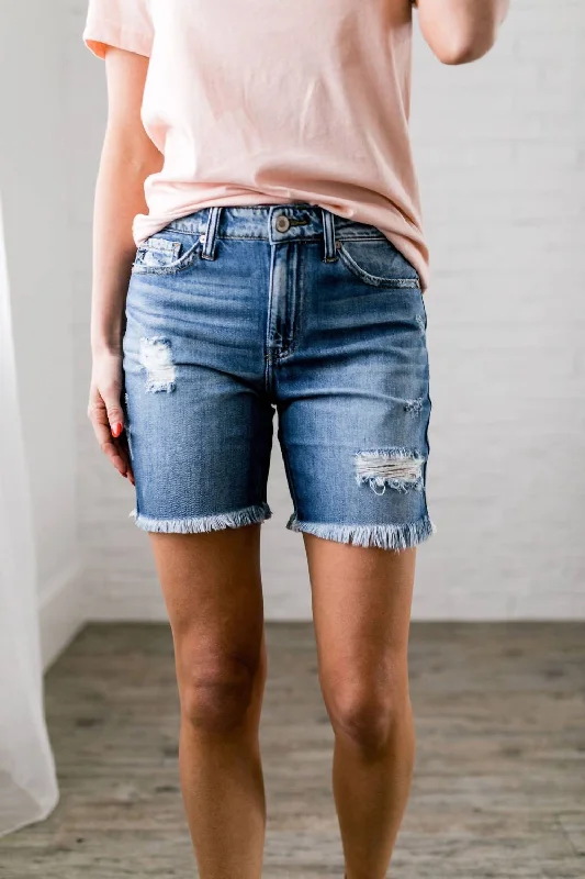 Halfway There Distressed Denim Shorts In Blue