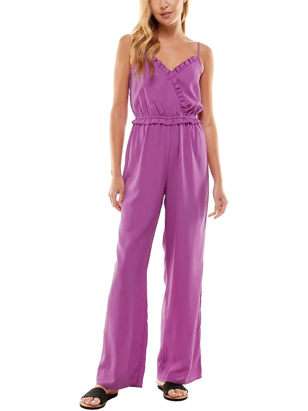 Juniors Womens Ruffled V-Neck Jumpsuit