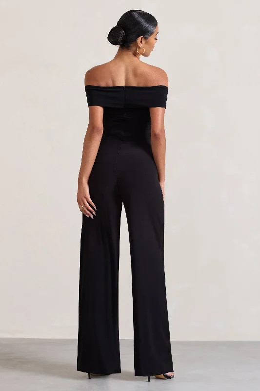 mandy-black-off-the-shoulder-ruched-fishtail-jumpsuit-cl129513002