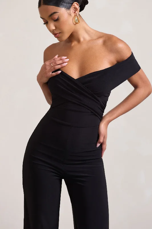 mandy-black-off-the-shoulder-ruched-fishtail-jumpsuit-cl129513002