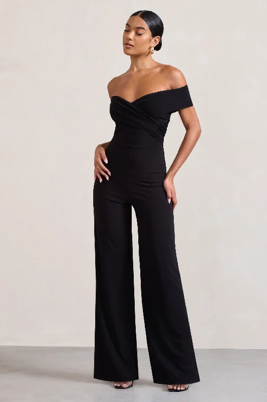 mandy-black-off-the-shoulder-ruched-fishtail-jumpsuit-cl129513002