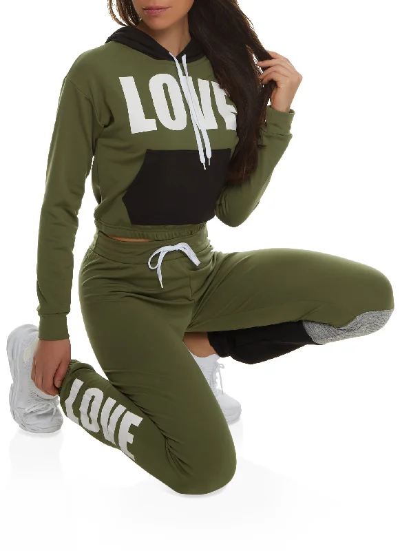 Love Color Blocked Kangaroo Pocket Cropped Hoodie