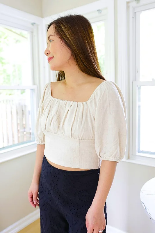 Petite Square Neck Cropped Linen Top (Natural)