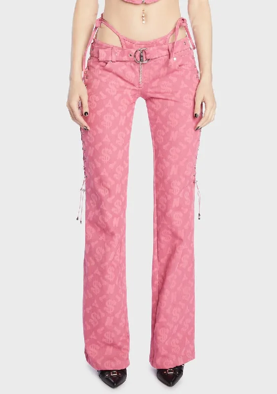 Pink Monogram Denim Low Cut Lace Up Pants