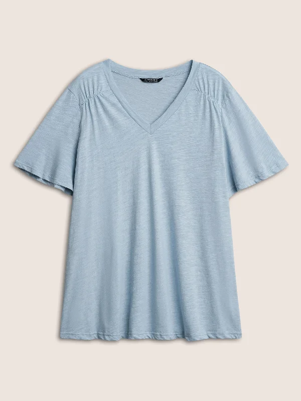 plain-ruffle-sleeve-heather-v-neck-t-shirt