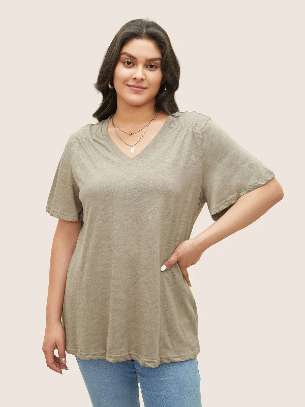 plain-ruffle-sleeve-heather-v-neck-t-shirt