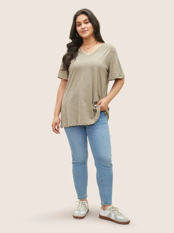 plain-ruffle-sleeve-heather-v-neck-t-shirt