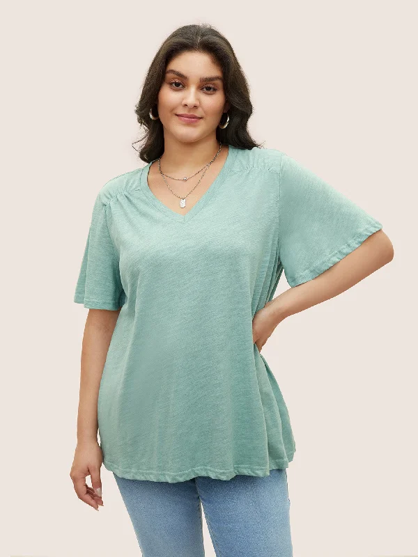 plain-ruffle-sleeve-heather-v-neck-t-shirt