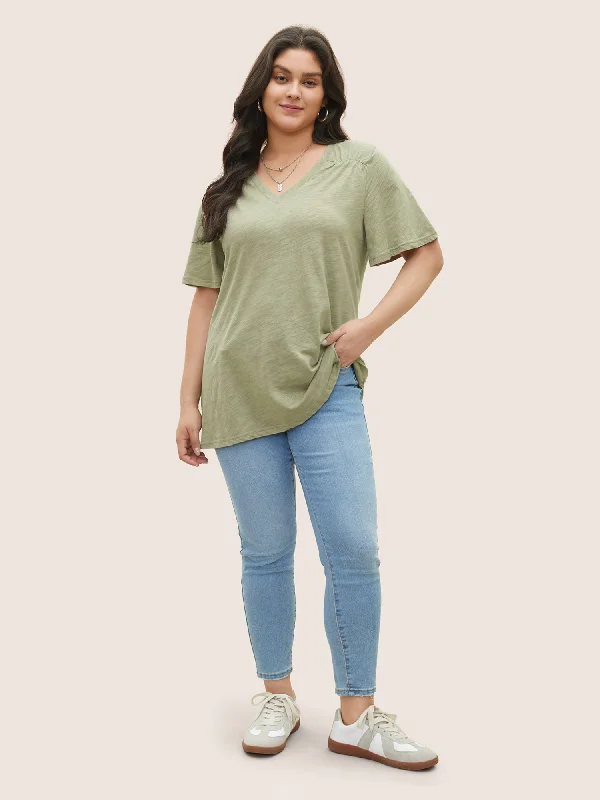 plain-ruffle-sleeve-heather-v-neck-t-shirt