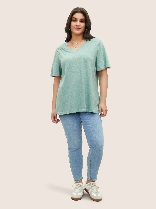 plain-ruffle-sleeve-heather-v-neck-t-shirt