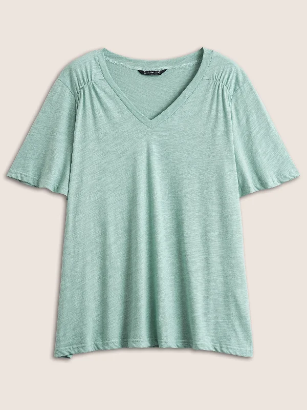 plain-ruffle-sleeve-heather-v-neck-t-shirt