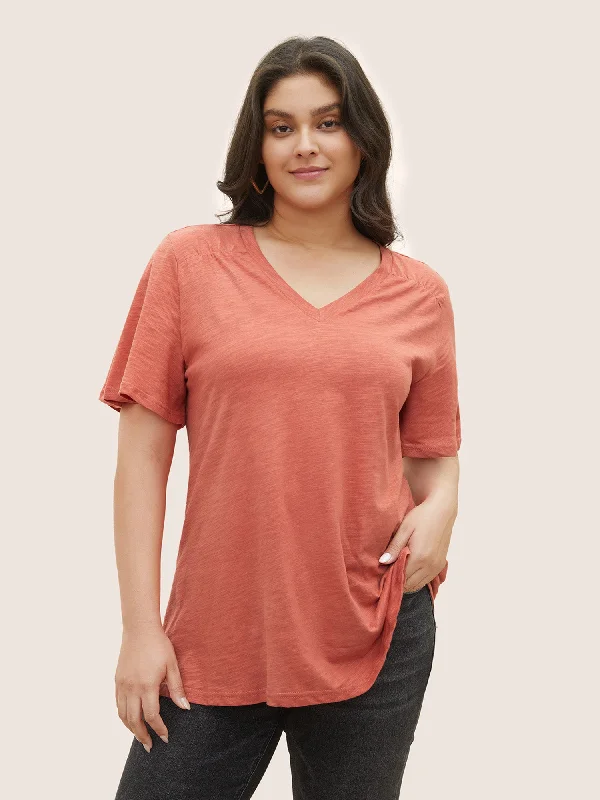 plain-ruffle-sleeve-heather-v-neck-t-shirt