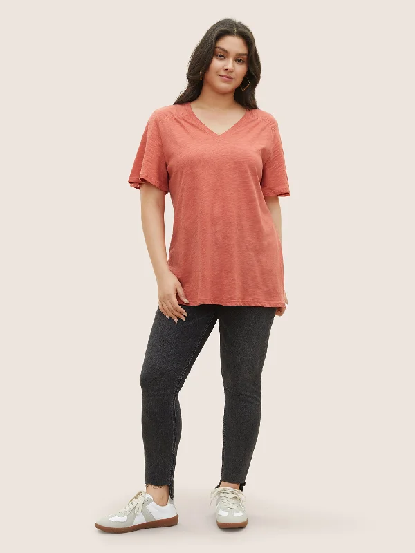 plain-ruffle-sleeve-heather-v-neck-t-shirt