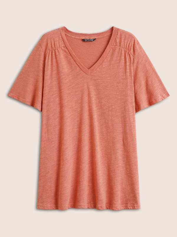 plain-ruffle-sleeve-heather-v-neck-t-shirt