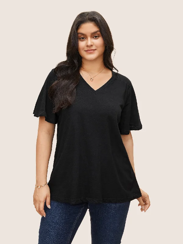 plain-ruffle-sleeve-heather-v-neck-t-shirt