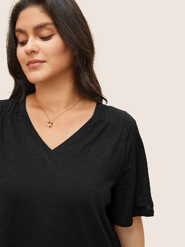 plain-ruffle-sleeve-heather-v-neck-t-shirt