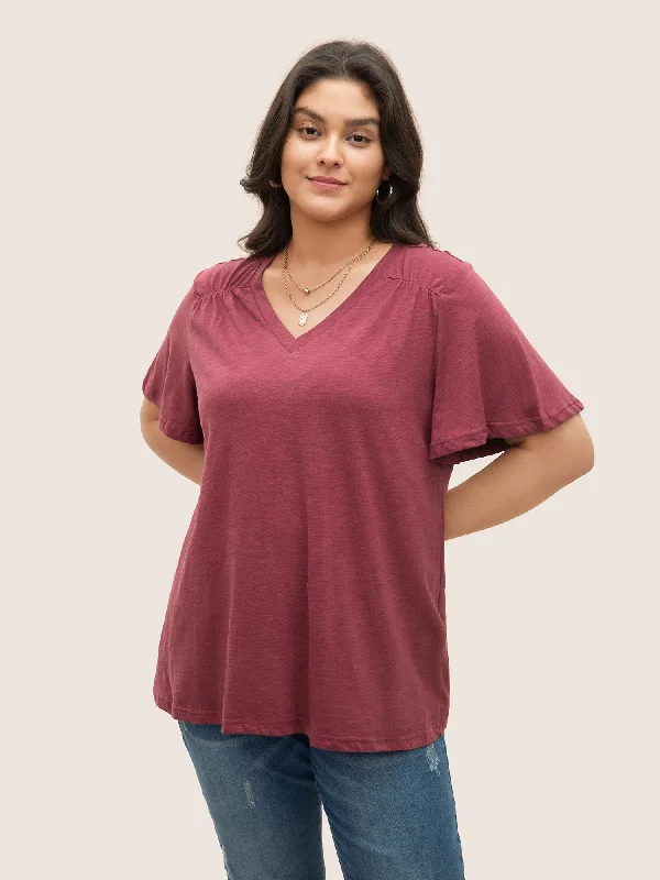 plain-ruffle-sleeve-heather-v-neck-t-shirt