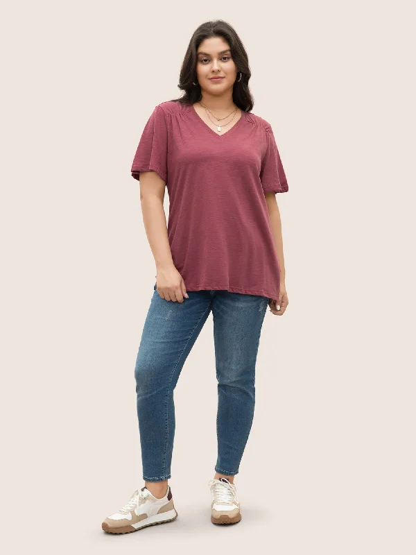 plain-ruffle-sleeve-heather-v-neck-t-shirt