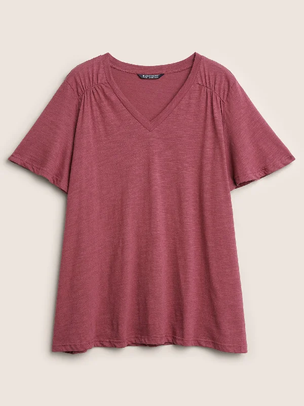 plain-ruffle-sleeve-heather-v-neck-t-shirt