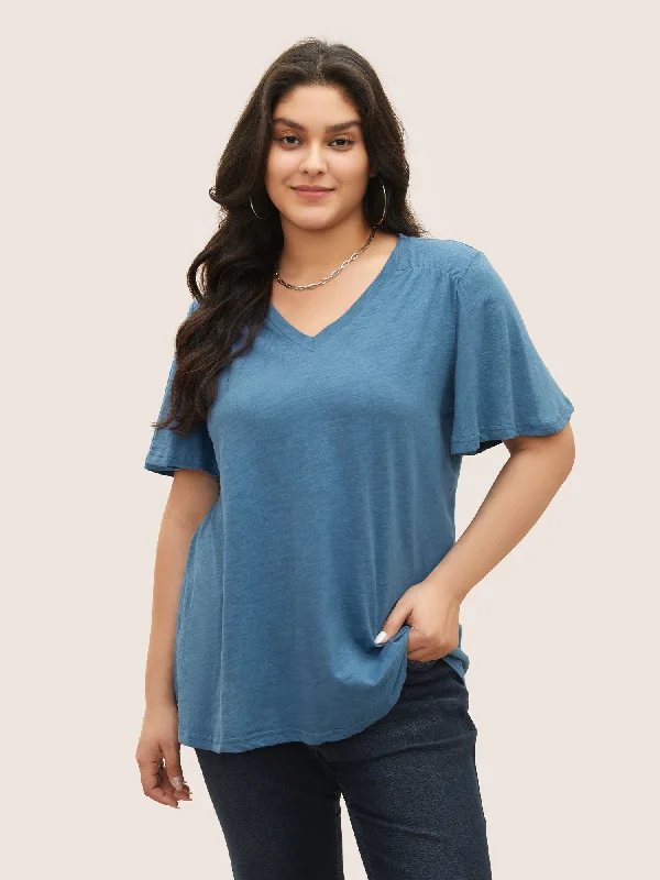 plain-ruffle-sleeve-heather-v-neck-t-shirt