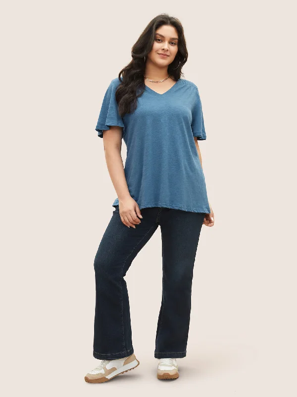 plain-ruffle-sleeve-heather-v-neck-t-shirt