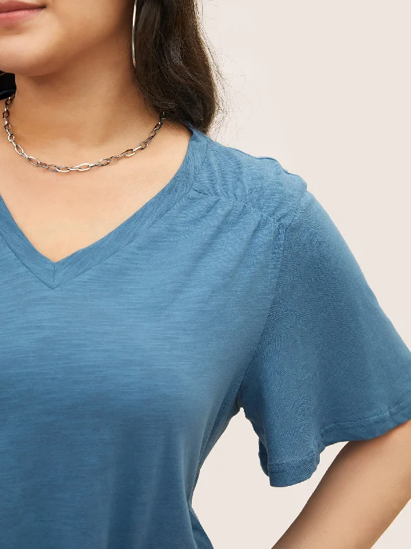 plain-ruffle-sleeve-heather-v-neck-t-shirt