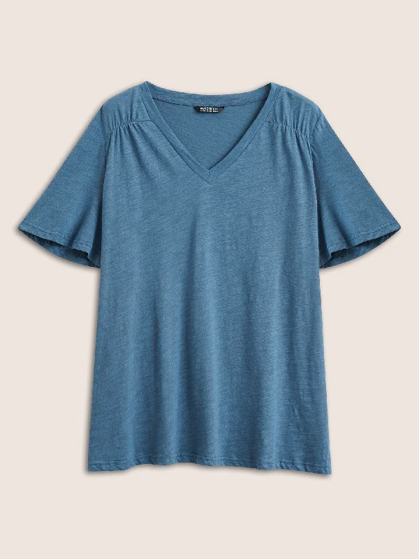 plain-ruffle-sleeve-heather-v-neck-t-shirt