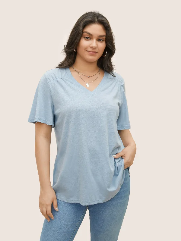 plain-ruffle-sleeve-heather-v-neck-t-shirt