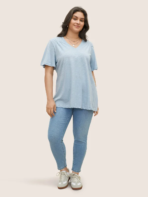 plain-ruffle-sleeve-heather-v-neck-t-shirt