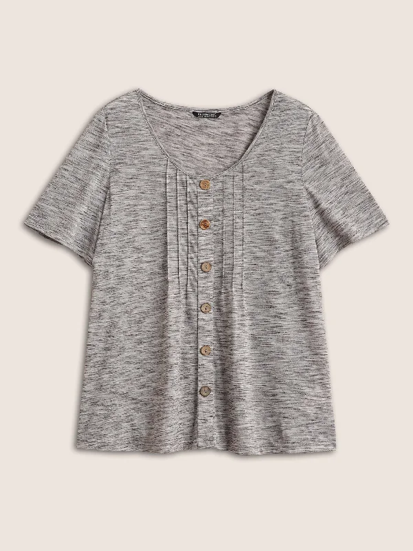 round-neck-heather-pleated-button-detail-t-shirt