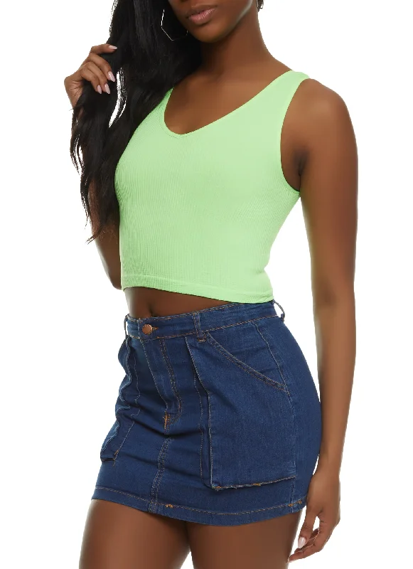 Seamless Ribbed Knit V Neck Cropped Tank Top