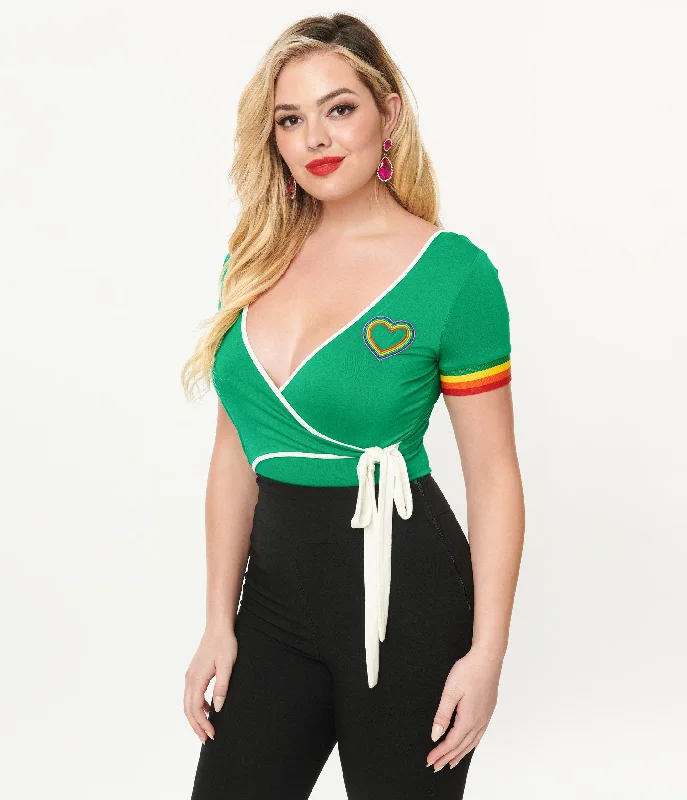 Unique Vintage 1970s Green & Rainbow Heart Surplice Bodysuit