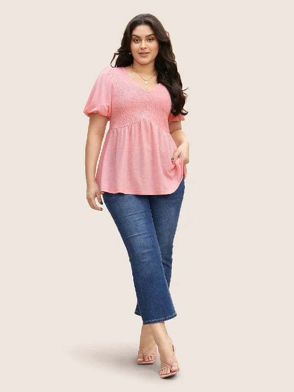 v-neck-shirred-lantern-sleeve-t-shirt