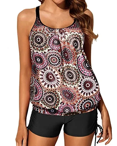 Blouson Tankini Swimsuits Two Piece Strappy Bathing Suit Tops Shorts-Brown Print