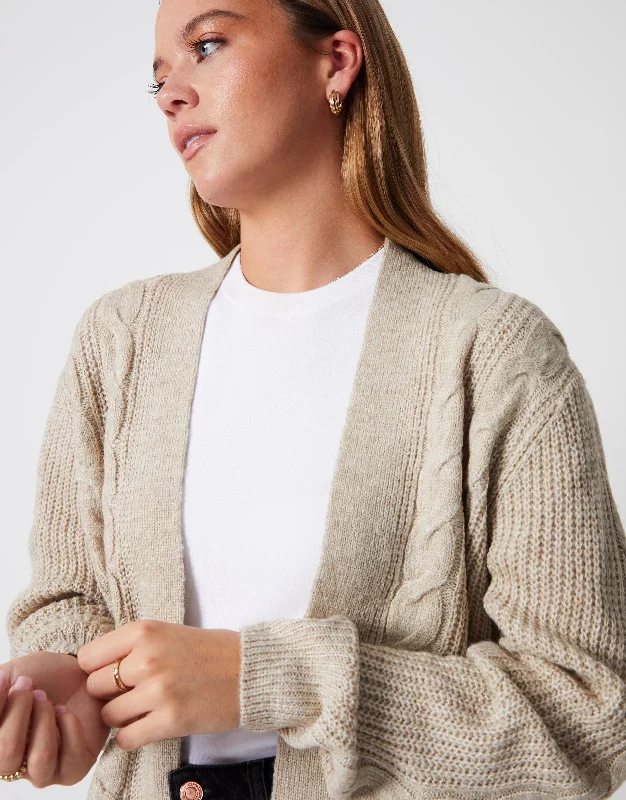 Women's Beige Cable Knit Cardigan