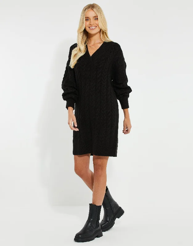 Women's Black Cable Knit V-Neck Jumper Dress