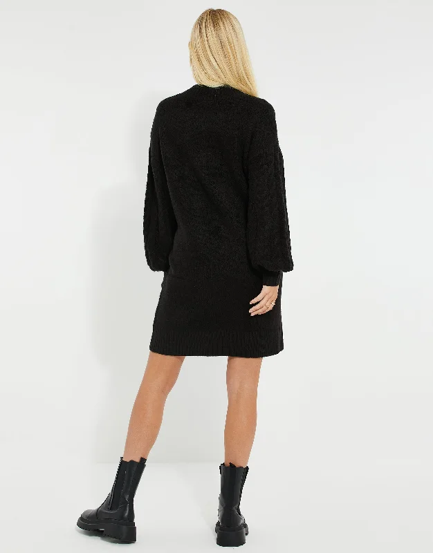 womens-black-mid-length-balloon-sleeve-cable-knit-ladies-jumper-dress-tbli06386