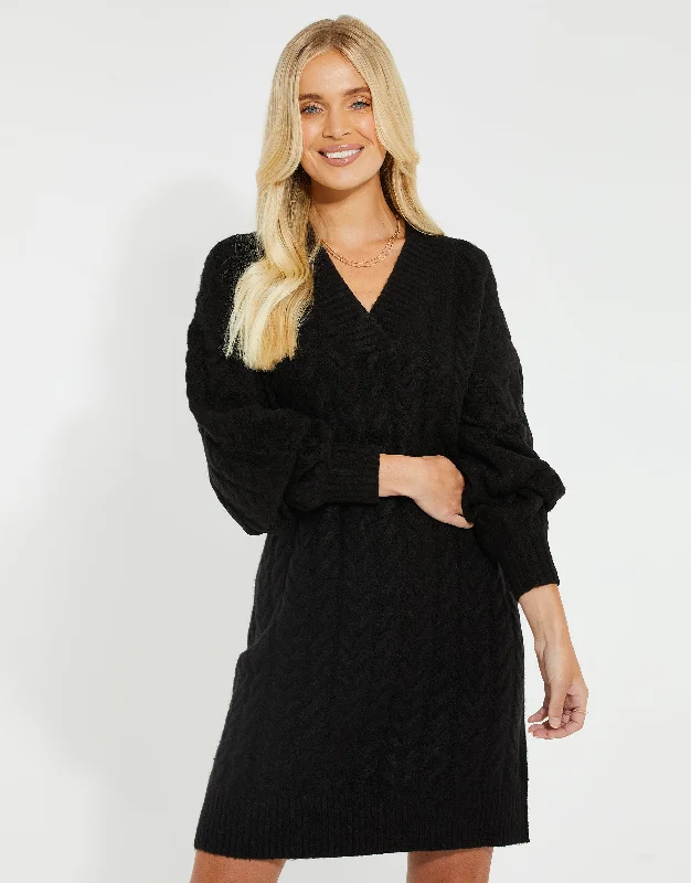 womens-black-mid-length-balloon-sleeve-cable-knit-ladies-jumper-dress-tbli06386