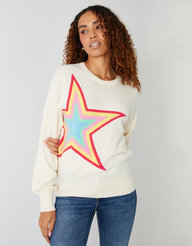 Women's Cream Star Graphic Balloon Sleeve Jumper